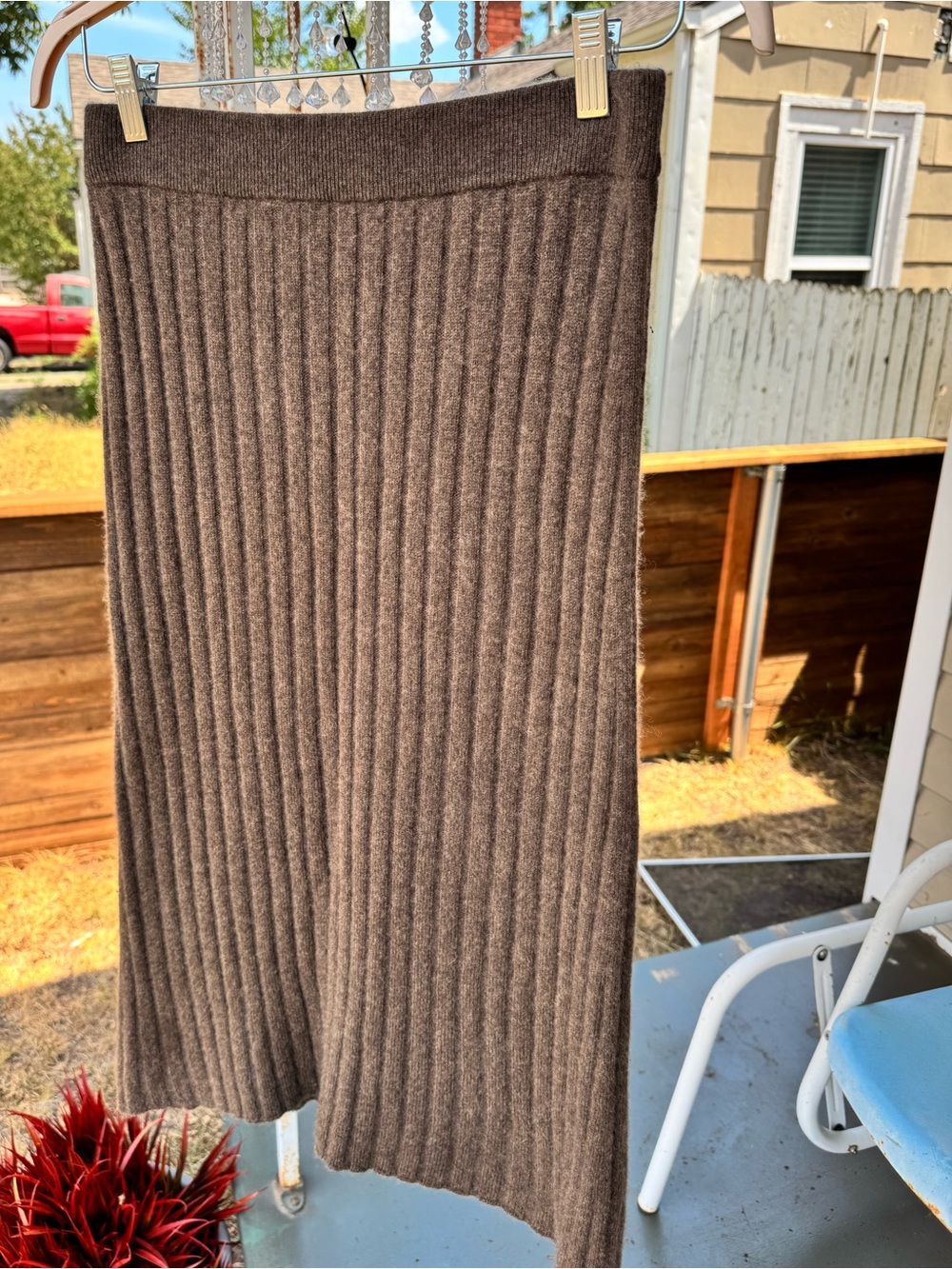 Quince Ribbed Knit Brown Cashmere Women's Midi Skirt (M)